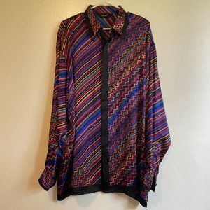 Vintage Genelli 100% Silk Shirt Mens XL Colorful Stripe Long Sleeve Button Up